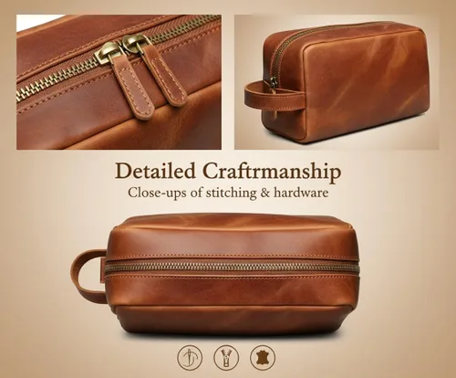 Vista 6 de The Tannery Neceser de cuero genuino para hombres y mujeres, bolsa ligera para unisex, bolsa de maquillaje duradera, el mejor regalo para el día