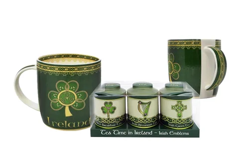 Vista 2 de Royal Tara Juego de 1 organizador de té con emblemas irlandeses de 0.71 oz, juego de té de lata y 1 taza de té de Irlanda, juego de 2 tazas New Bone