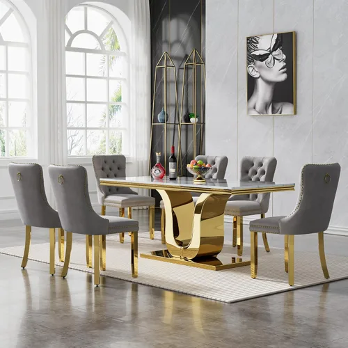 Vista 6 de SSLine Mesa de comedor moderna para mesa de cocina de mármol sintético de 6,70 pulgadas, mesa de comedor rectangular para muebles de cocina