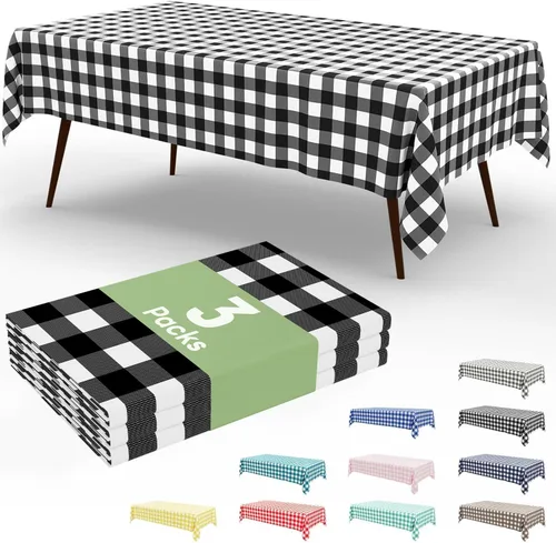 Vista 65 de Smiry Paquete de 3 Manteles Desechables de Cuadros Gingham Color Caqui - 54" x 72" Mantel de Plástico de Servicio Pesado, Cubiertas de Mesa