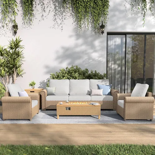 Vista 14 de SUNSHINE VALLEY - Juego de conversación de mimbre para patio de 4 piezas con mesa auxiliar Beige