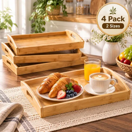 Vista 13 de Peohud Paquete de 4 bandejas de bambú para servir con asas, bandeja rectangular de comida de cocina para comer, bandejas de cena para comer