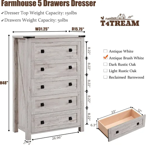 Vista 2 de T4TREAM - Cómoda de granja con 5 cajones para dormitorio, cómodas altas rústicas de madera, organizadores de cómodas para dormitorio, sala de estar