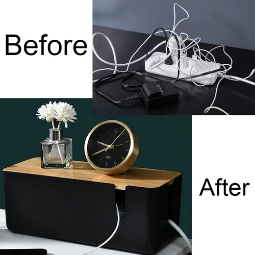 Vista 7 de Changsuo Caja de organización de cables con tapa de bambú, pequeña caja organizadora de cables para cable de extensión, protector de sobretensiones