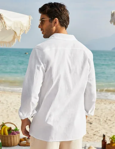 Vista 3 de COOFANDY Camisas de lino y algodón para hombre manga larga casual con botones para la playa