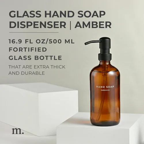 Vista 2 de MaisoNovo Dispensador de jabón de 1 pieza Botellas ámbar de 16.9 oz con bombas de plástico negro