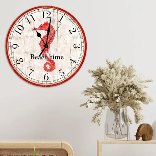 Vista 5 de Reloj de pared decorativo de madera con caballito de mar rojo, reloj de pared de madera de caballito de mar de playa, reloj de pared de cuarzo