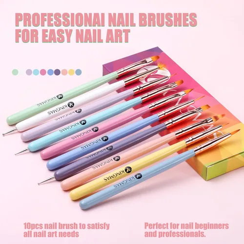 Vista 2 de KINGMAS 10 pinceles de arte de uñas, pincel de pintura para limpiar, pincel de dibujo, pincel para delineador de uñas y bolígrafo de punteado de uñas
