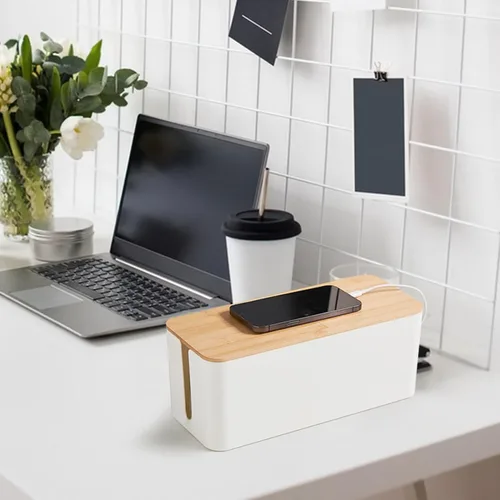 Vista 6 de Caja de ordenamiento de cables blanco con tapa de bambú, organizador de cables, caja de gestión de cables para ocultar cables y enchufes