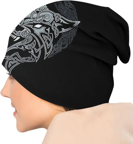 Vista 3 de Gorro de lana vikingo celta para hombre, diseño de mito nórdico Fenrir 3D, gorro de punto fino cálido para exteriores