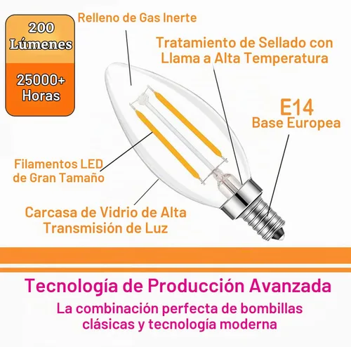 Vista 5 de Bombilla Edison de filamento LED de base europea E14, 2 W, blanco cálido, 2700 K, no regulable (paquete de 4)