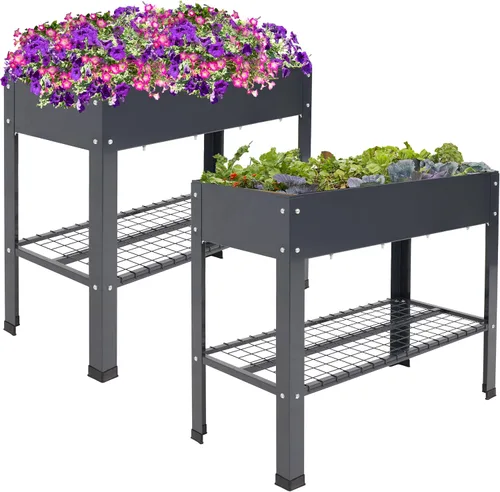 Vista 10 de Sunnydaze Cama de jardín elevada de acero galvanizado, juego de 2 jardineras elevadas, uso individual o conectado, cuenta con estante de Marrón