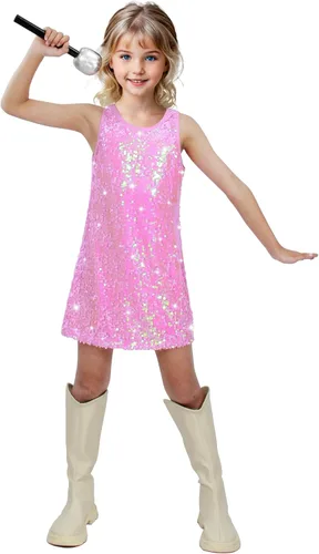 Vista 8 de Vestido de lentejuelas para niñas, sin mangas, con purpurina, disfraz para graduación, concierto, fiesta con accesorio de micrófono de purpurina