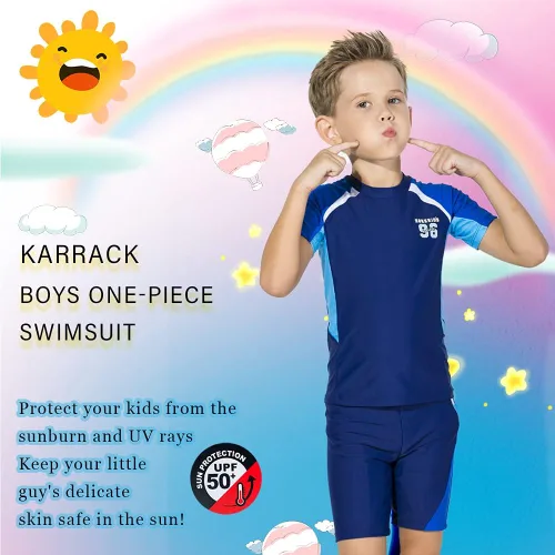 Vista 5 de karrack Traje de baño de dos piezas con protección solar UPF 50+ para niños, azul, gris (Dark Blue Grey)