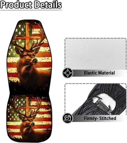 Vista 6 de LedBack Fundas universales de asiento de coche solo para asientos delanteros, bandera estadounidense, ciervos, 2 piezas, protector elástico
