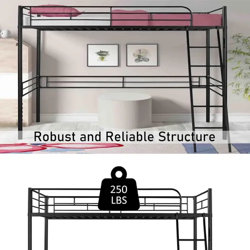 Vista 4 de Base de cama de metal tipo loft con escalera y barandilla de seguridad, marco de cama moderno de plataforma individual con espacio debajo de la cama