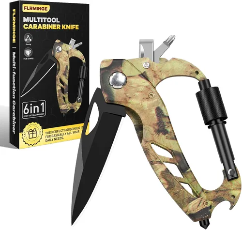 Vista 9 de Herramienta múltiple con mosquetón con cuchillo de bolsillo, equipo de supervivencia para camping y senderismo, llavero con mosquetones EDC