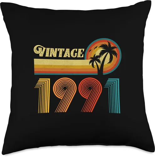 Vista 4 de Vintage 1991 Birthday Gift for Men Women 35 Years Retro Palm Throw Pillow