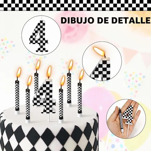 Vista 3 de 13 velas de cumpleaños temáticas de coches de carreras, número 1 vela a Velas de pastel de cumpleaños a cuadros en blanco y negro para decoración