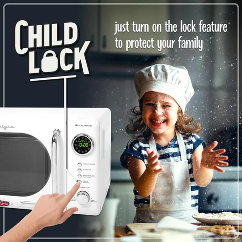 Vista 4 de Nostalgia Horno microondas compacto retro para encimera, 0.7 pies cúbicos, 700 vatios con pantalla digital LED, bloqueo para niños, interior fácil