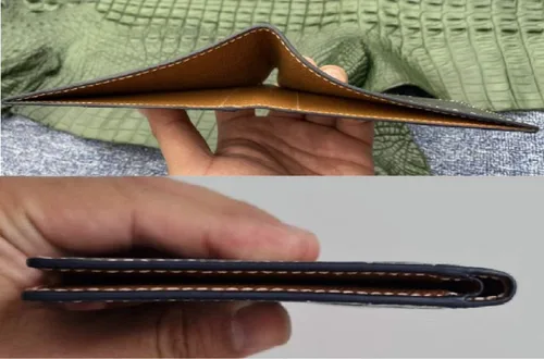 Vista 4 de HATA Cartera plegable de cocodrilo para hombre, hecha a mano para vientre o bocina con bloqueo RFID por vietnamita, Bifold- Black-Croc Belly-Hand