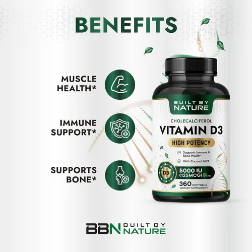 Vista 2 de Built by Nature Suplemento de vitamina D3 de 5000 UI, 360 mini cápsulas blandas Con aceite de coco MCT, alta absorción, fácil de tragar
