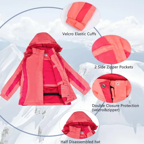 Vista 46 de Chaqueta de esquí impermeable para niñas, chaqueta de snowboard para exteriores, resistente al viento, con forro polar, abrigo de nieve cálido