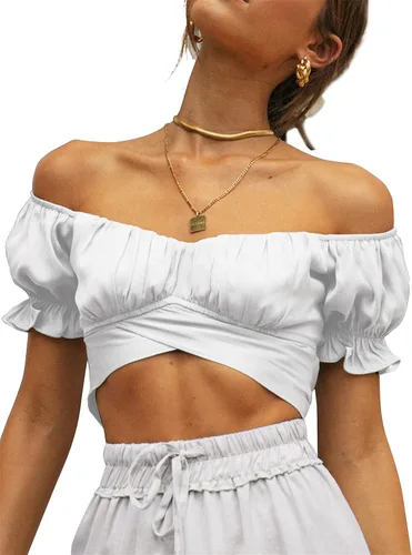 Vista 4 de LYANER - Blusa ombliguera para mujer, manga corta, con volados, que se ata en la espalda y hombros descubiertos, estilo Bardot