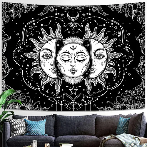 Vista 4 de Lifeella - Tapiz de sol y luna en blanco y negro, tapiz de sol ardiente, estético, místico, para colgar en la pared, decoración de dormitorio