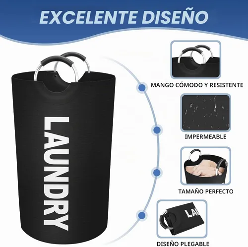 Vista 3 de Cesta de lavandería grande de 90 litros, cesta de lavandería impermeable independiente, cesta plegable para ropa alta, fácil de transportar con asas