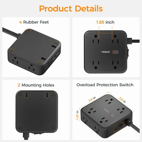 Vista 8 de TESSAN Regleta de alimentación con doble protector de sobretensiones, cable de extensión de 5 pies, enchufe de pared plana con 4 USB (2 USB C) 8