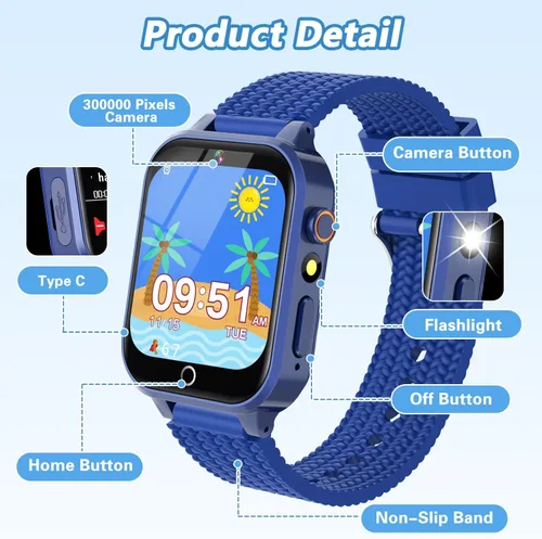 Vista 7 de Reloj inteligente para niños, regalo para niños de 3 a 12 años, 2 protectores de pantalla, 26 juegos de rompecabezas, cámara HD, video, reproductor