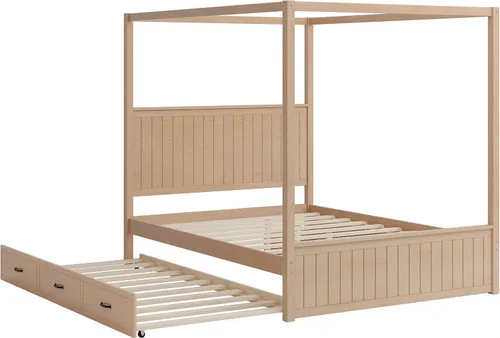 Vista 6 de Moderna plataforma de cama con dosel con dosel, tamaño Queen con cabecera de canal, plataforma de diseño de dosel de madera maciza con nido y 3