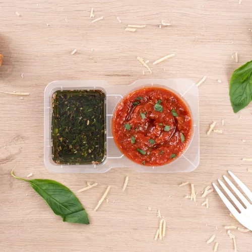 Vista 4 de Futura - Recipientes para aperitivos de 5 onzas, 100 recipientes para salsa para microondas, 2 compartimentos, tapa con bisagras, vasos de plástico