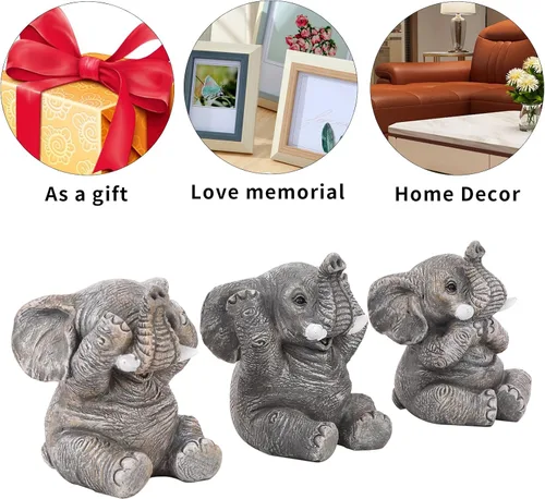 Vista 3 de Juego de 3 estatuas de elefante para decoración del hogar, bonitas figuras para estante, sala de estar, dormitorio, oficina, escritorio, estantería