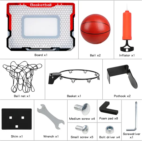 Vista 3 de Aro de baloncesto interior con 2 bolas y accesorios completos, sobre la puerta y mini aro para niños y adultos