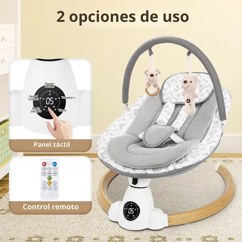 Vista 5 de Columpio para bebés con 5 velocidades de oscilación, columpio eléctrico portátil para bebé, panel táctil, arnés de 5 puntos, uso en interiores y Gris