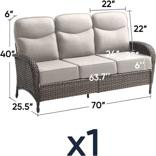 Vista 3 de Sofá de lujo para patio, sofá de mimbre para exteriores con cojines sonrientes de 6 pulgadas, respaldo alto, resistente, cómodo, mimbre marrón