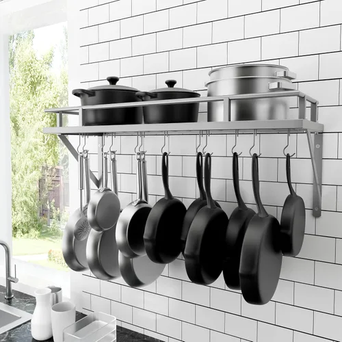 Vista 12 de KES Estante para ollas de cocina de 24 pulgadas montado en la pared, organizador de almacenamiento con ganchos, estante de pared en mate negro