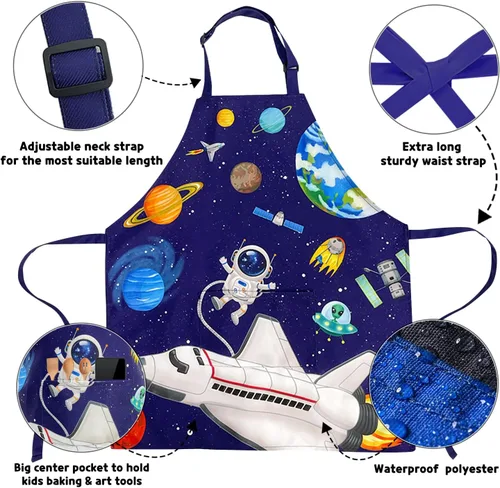 Vista 5 de DECOWALL AP-004 - Delantal para niños, planetas espaciales para niños y niñas, delantales de cocina con bolsillo para niños, cocina, hornear