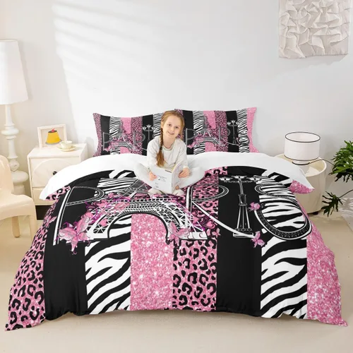 Vista 25 de Juego de funda de edredón para niños, tamaño individual, diseño de cebra y leopardo con purpurina, decoración de habitación para niñas y mujeres
