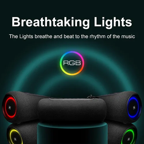Vista 3 de Fisher Altavoces Bluetooth portátiles IPX5 impermeable altavoz, 14 W de potencia máxima estéreo Bluetooth altavoz, luces RGB, TWS, BT 5.3, micrófono