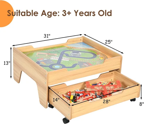 Vista 6 de HONEY JOY Mesa de tren, mesa de actividades de madera para niños con cajón de almacenamiento, 100 piezas multicolores, pistas, trenes, autos, juego