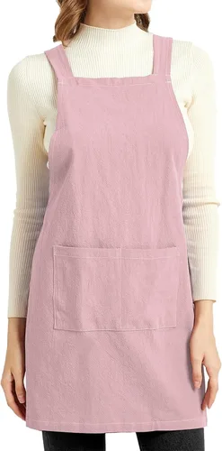 Vista 13 de ELEZAY Delantales para mujer con bolsillos, talla grande, cómodo, espalda cruzada, sin lazo, delantal de lino y algodón Verde