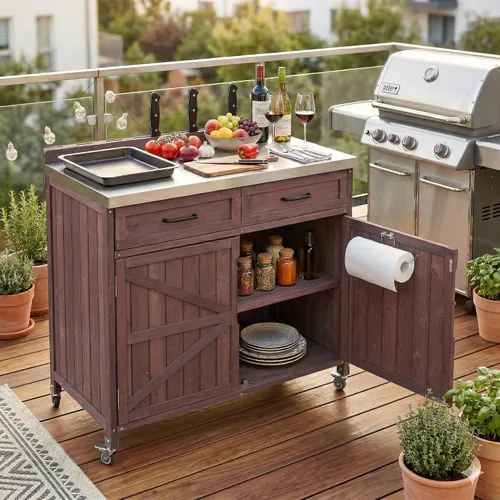 Vista 10 de JIVOIT Isla de cocina al aire libre de 78.3 pulgadas con mesa plegable, carrito de madera para exteriores con almacenamiento de basura y parte