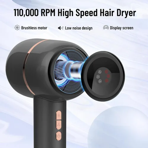 Vista 2 de Secador de pelo, motor sin escobillas de 110, 000 RPM para secado rápido, secador iónico negativo de alta velocidad con boquilla magnética, pantalla