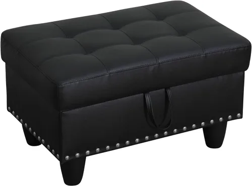 Vista 12 de Banco otomano de almacenamiento, taburete rectangular de lino de 28.5 pulgadas con ribete de cabeza de clavo, otomana tapizada para sala de estar