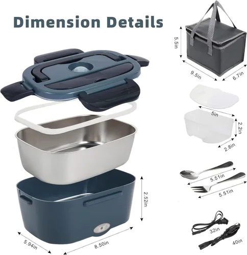 Vista 8 de SOHIDA Fiambrera eléctrica, calentador de alimentos portátil de 12 V/24 V/110 V con tenedor SS y cuchara para coche/camión/oficina, lonchera Negro