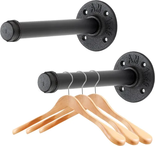 Vista 11 de Perchero flotante de tubo industrial negro de 6 pulgadas montado en la pared, estante de ropa resistente para colgar, barra de colgar multiuso