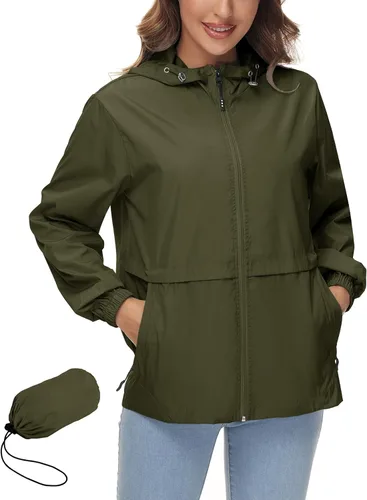 Vista 6 de Avoogue Chaqueta impermeable para mujer, ligera, plegable, con capucha, rompevientos para exteriores